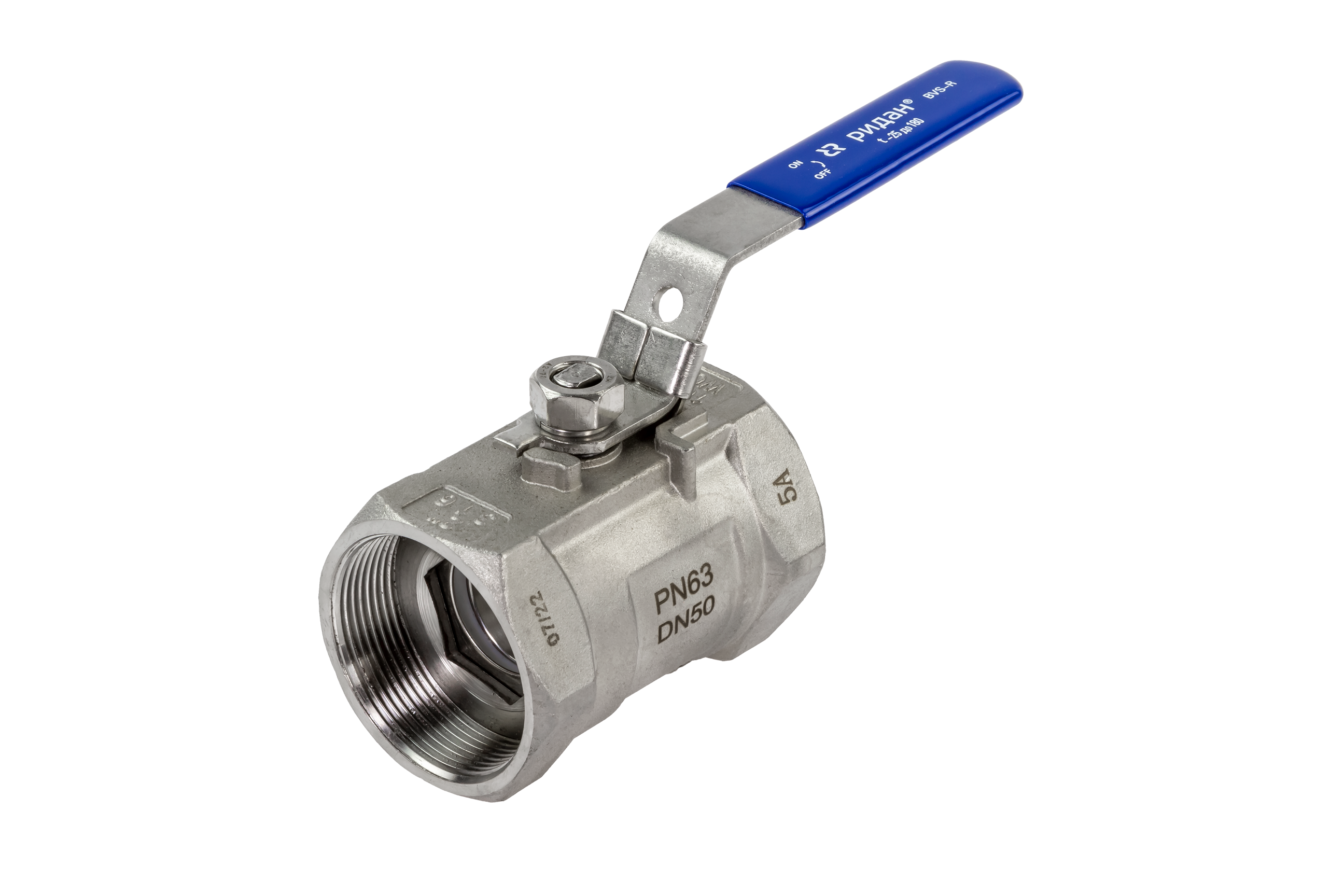 Ридан BVS-R 082X4606R — Шаровый кран резьбовой DN40 PN63, с рукояткой, корпус — коррозионностойкая сталь, шар — коррозионностойкая сталь AISI316; уплотнение по шару R-PTFE (15% C)