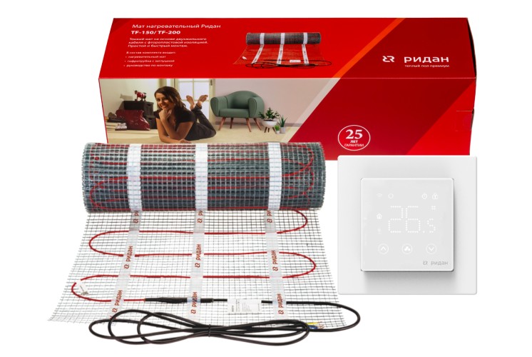 Ridan 21RT1034R — Розничный комплект для теплого пола: нагревательный мат Ridan TF-150 2,5 м² с терморегулятором Ridan Clever (белый)